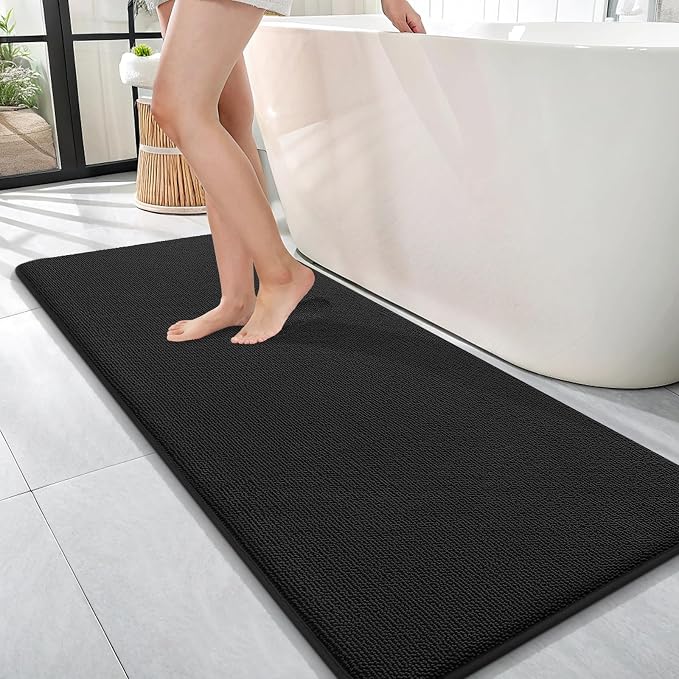 OLANLY Memory Foam Bathroom Runner Rugs 47x17, Absorbent Long Mat, Black | Soft Quick Dry Bath Rugs, Non-Slip Carpet, Machine Washable Mat for Bathroom Floor, Tub and Shower, Home Decor Accessories