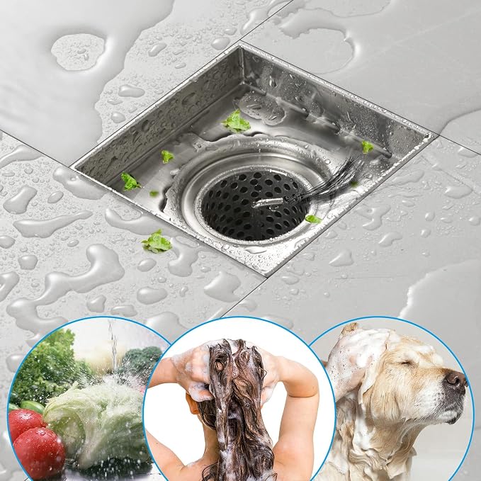 EMBATHER 4 Inch Square Shower Drain with Tile Insert Grate, 304 Stainless Shower Floor Drain and Shower Drain Cover Included Hair Catcher and Leveling Feet, Brushed Nickel
