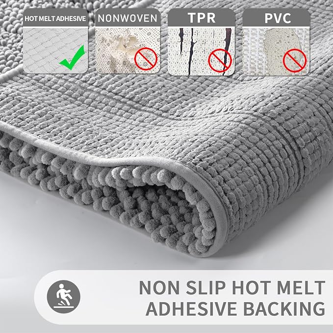 Yimobra U Shaped Toilet Rug Set, Absorbent Chenille, 24x17+24x20, Gray | Soft Plush Chenille Shower Rugs for Bathroom Floor Sink Tub and Shower Outside, Non Slip Machine Washable Quick Dry