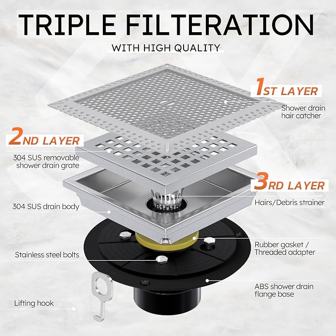 6 Inch Brushed Nickel Square Shower Drain with Flange,Modern Floor Drain with Quadrato Pattern Grate Removable,SUS 304 Stainless Steel