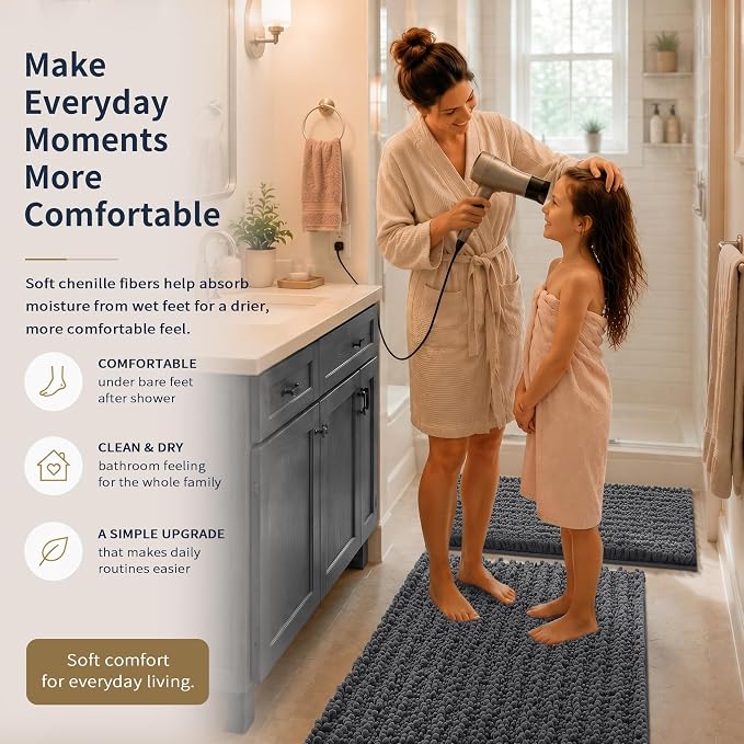 Yimobra Bathroom Rug Set 3 Piece, Super Absorbent Bath Mat Set, Dark Gray | Quick Dry Soft Chenille Bath Rugs & Toilet Rug, Non Slip Machine Washable, Extra Thick Shaggy Floor Mat for Shower Tub Sink