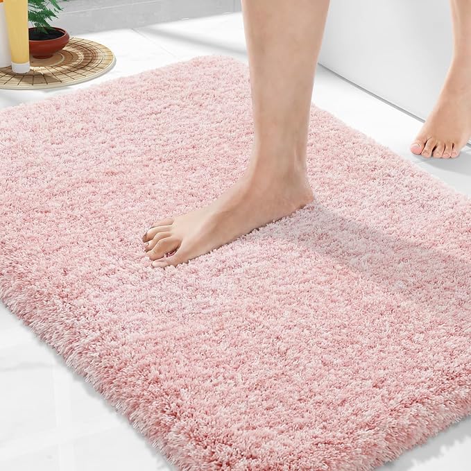 Yimobra Light Pink and White Bathroom Rugs Non Slip Washable, Ultra Soft and Water Absorbent Bath Mats, Plush Fluffy Shower Mat Outside, Microfiber Thick Matts for Bathroom Floor/Sink, 24x17