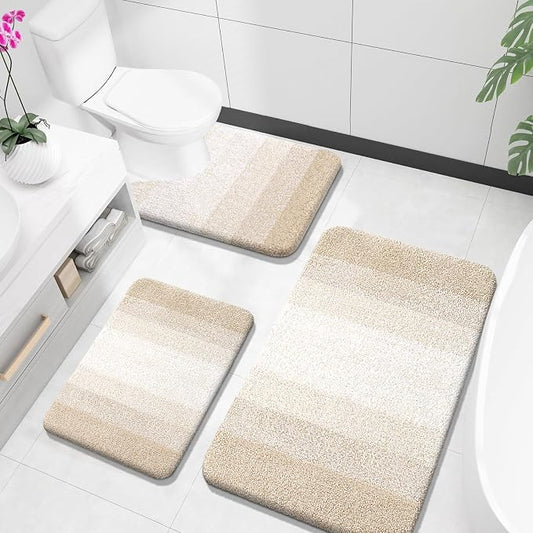 OLANLY Microfiber Bathroom Rugs Sets 3 Piece, 36"x24"+24"x16"+24"x20" | Light Beige, Soft Absorbent Bath Mats and U-Shaped Contour Toilet Rug, Plush Shaggy Bath Mat Set for Bathroom