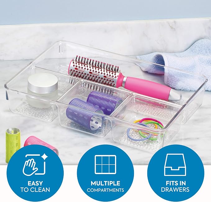 iDesign Rain Divided Cosmetic Drawer Organizer Tray for Vanity Cabinet to Hold Makeup, Beauty Products, Accessories, 13" x 9" x 2.25", Clear