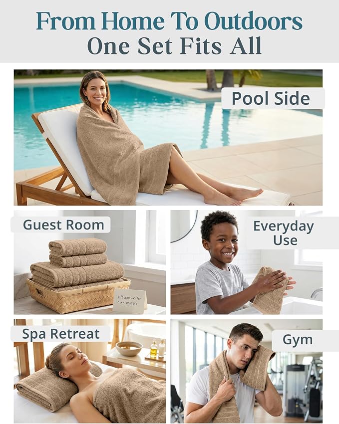 Casa Platino Large Bath Towel Set Absorbent Quick Dry 100% Cotton - Beige | Cotton Towels - Fade-Resistant Color, Classic Terry Weave, Densely Woven, Coordinated Colors, Dobby Border Accent