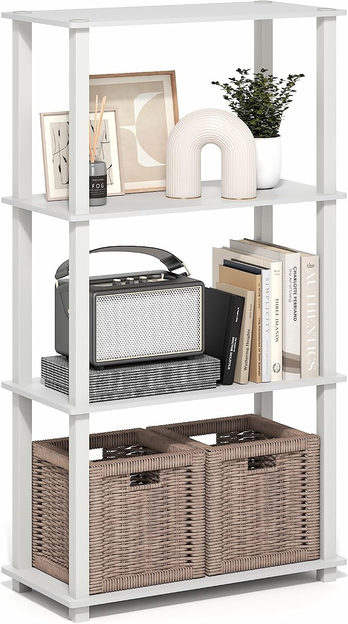 Furinno Turn-S-Tube Storage Shelves, 4-Tier Book Shelf, Corner Shelf, Toolless Open Frame Standing Shelves, for Organization and Storage, Living Room, Garage, Home Office, White