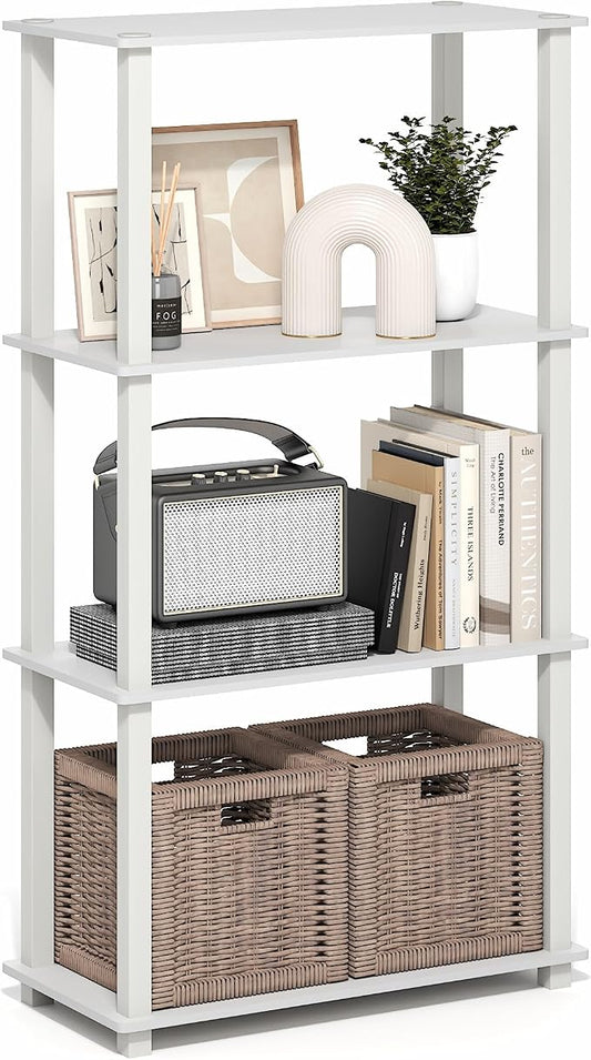 Furinno Turn-S-Tube Storage Shelves, 4-Tier Book Shelf, Corner Shelf, Toolless Open Frame Standing Shelves, for Organization and Storage, Living Room, Garage, Home Office, White
