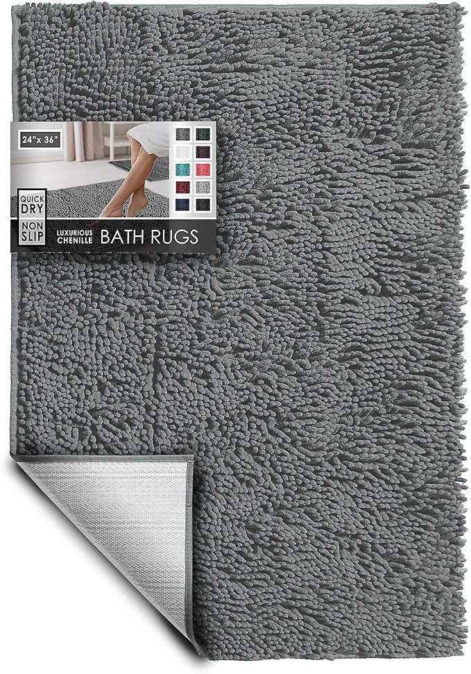 Hearth & Harbor Bathroom Rugs, Chenille Bath Mat - Machine Washable Bath Mats for Bathroom Non-Slip Backing Rubber, Quick Dry Bathroom Mat, 24 x 36 - Frost Grey