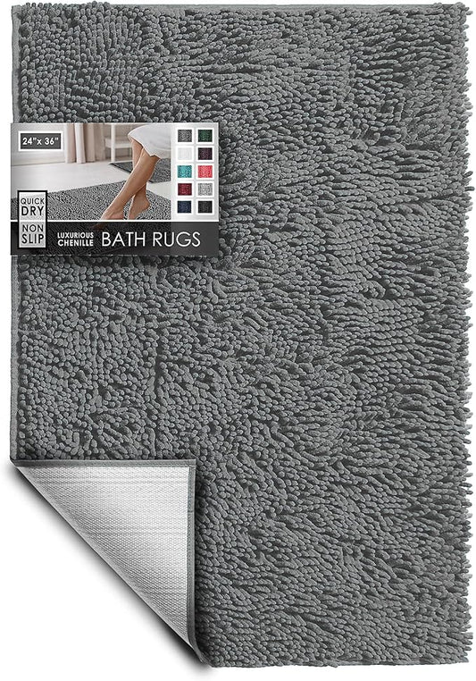 Hearth & Harbor Bathroom Rugs, Chenille Bath Mat - Machine Washable Bath Mats for Bathroom Non-Slip Backing Rubber, Quick Dry Bathroom Mat, 24 x 36 - Frost Grey