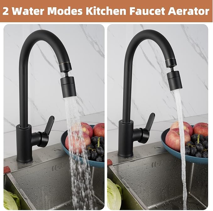 Hibbent Faucet Aerator, 360 Degree Kitchen Sink Faucet Aerator, Dual-function Swivel Big Angle Kitchen Faucet Attachment, Faucet Replacement Part, Matte Black