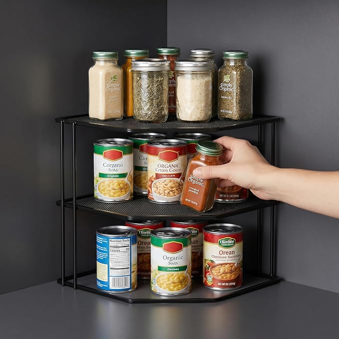 yarlung 3-Tier Cabinet Corner Shelf, 9x9x7.5 Inches Metal Wire Plate Rack Kitchen Counter Corner Organizer for Cups, Dishes, Cupboard, Pantry, Black Elegant Finish