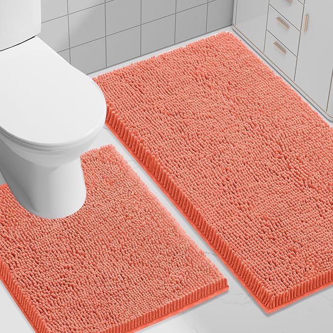 Smiry Chenille Bathroom Rugs Sets 2 Piece (30x20+ U Shape 24x20, Coral) | Soft Absorbent Machine Washable Non Slip Shaggy Bath Rug Set for Tub, Shower, and Floor, Home Decor
