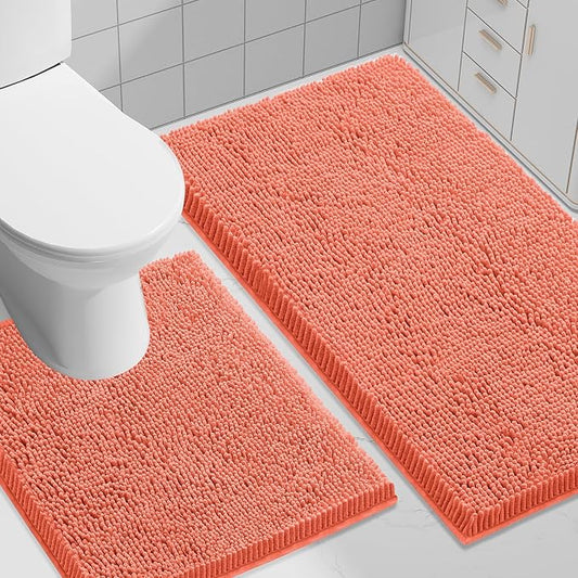 Smiry Chenille Bathroom Rugs Sets 2 Piece (30x20+ U Shape 24x20, Coral) | Soft Absorbent Machine Washable Non Slip Shaggy Bath Rug Set for Tub, Shower, and Floor, Home Decor