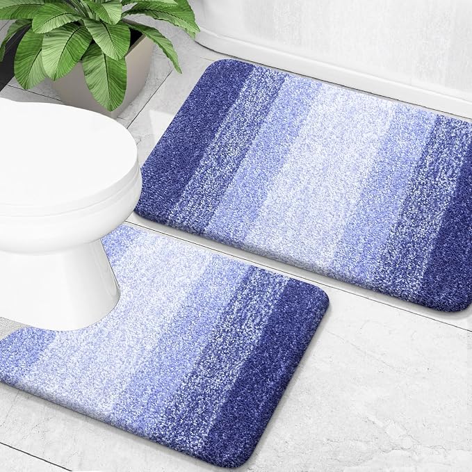 OLANLY Micorfiber Bathroom Rug Set 2 Piece, 24"x16"+U-Shaped 24"x20" | Blue-Violet, Soft Absorbent Bath Mats and Contour Toilet Rug, Non-Slip, Machine Wash Dry, Plush Shaggy Bath Mats for Bathroom