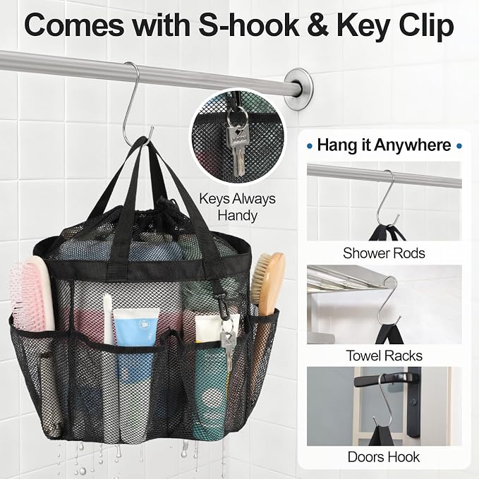 F-color Mesh Shower Caddy Portable with Drawstring, S Hook - 8 Deeper Pockets 2 Handles College Dorm Room Essentials for Girls Guys, Shower Bag Hanging for Camping Gym Travel Toiletry Bathroom, Black