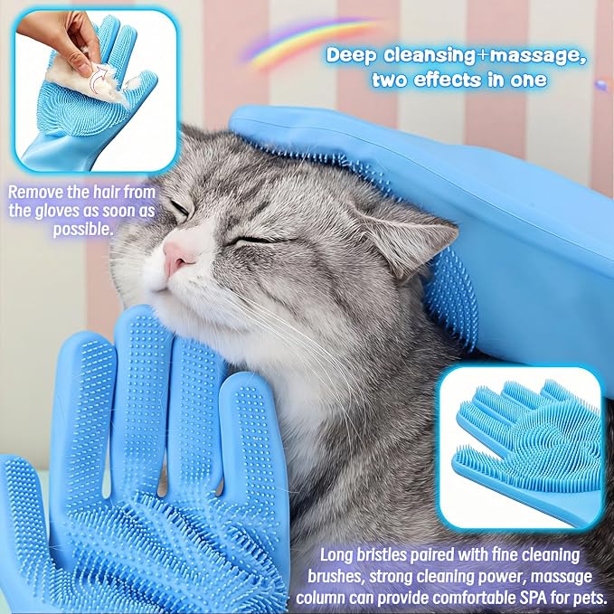Silicone Dog Grooming Glove for Dogs and Cats, Enhanced Five-Finger Fit, Non-Slip & Extended Cuff, Dual-Sided Pet Bath Brush for Washing, Massage & Deep Cleaning 1 Pair (Blue)