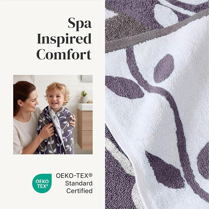 Modern Threads 6 Piece Bath Towel Set – Bathroom Set with 2 Bath Towels, 2 Hand Towels, and 2 Wash Cloths – 100% Cotton, Super Absorbent & Extra Soft – Reversible Natural Vine (Purple)