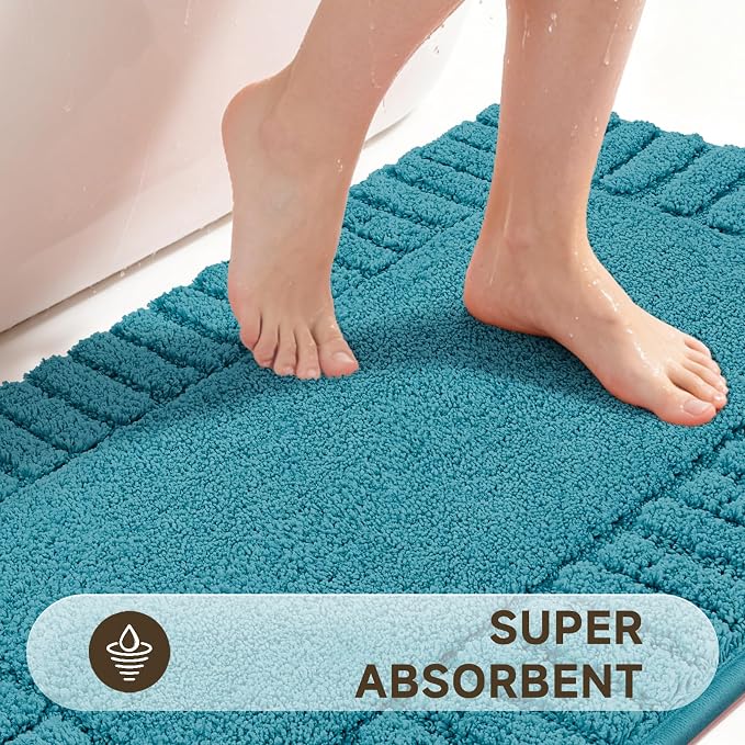 Pauwer Bathroom Rugs Set 5 Piece Non Slip Washable Bath Mat, Aqua Blue | U Shaped Contour Toilet Rugs, Soft Plush, Absorbent, Microfiber Shower Rug, Quick Dry Toilet Lid Cover