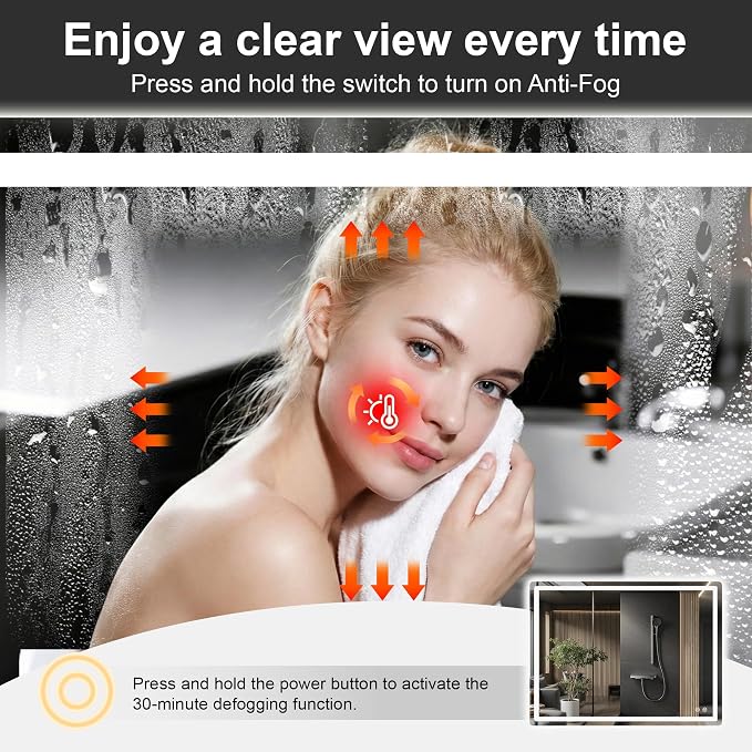 LED Bathroom Mirror with Lights, 30 x 40 Lighted Vanity Wall Mirror | Backlit and Frontlit, Anti-Fog, Dimmable 3 Colors, Shatter-Proof Tempered Glass, Memory Function, Plug-in/Hardwired