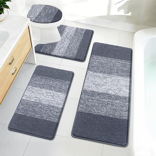 Bsmathom Bathroom Rug Set 4 Piece, Plush Microfiber Bath Mat, Dark Gray | Extra Water Absorbent, Non Slip Washable Runner Bath Rugs with Toilet Lid Cover and U-shaped Contour Toilet Mat