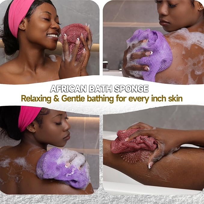 Authentic African Net Sponge,2 Pack 45-In Exfoliating Bath Sponge and Shower Loofah for Body and Back,Colorfast Quick-Dry Knotted Mesh Scrubber with Travel Pouch (Blush Pink&Lavender Purple)