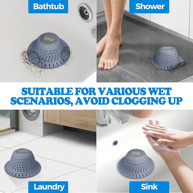 Shower Drain Hair Catcher Bathtub Drain Strainer Sink Drain Protector | Collapsible Pop-Up Drain Hair Catcher, Traps Hair & Prevents Clogs, Easy to Clean, Bathroom Fixture Accessories, Light Blue