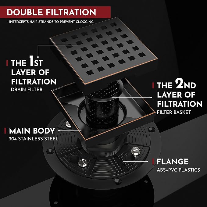 WEBANG 4 Inch Square Shower Drain Bronze Floor Drain with Flange Square Holes Pattern Cover Grate Removable SUS304 Stainless Steel Watermark&CUPC Certified Oil Rubbed Bronze