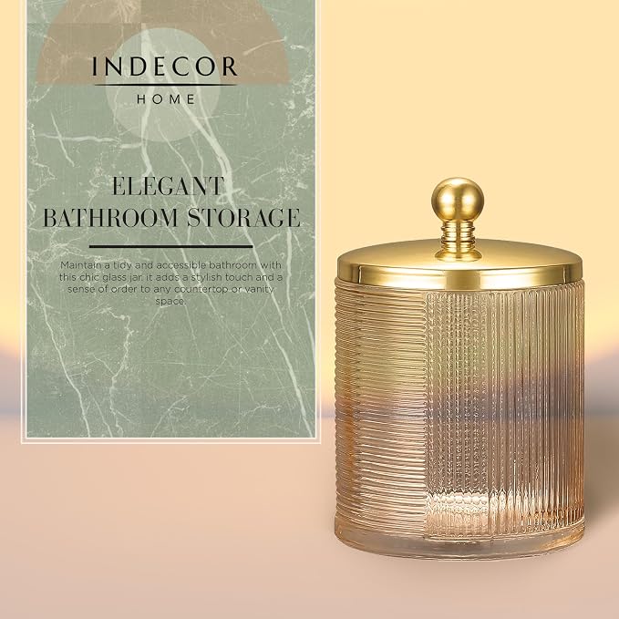Tan Colored Tranlucent Apothecary Ribbed Geometric Etched Glass Jar W/Gold Metal Lid Cover for Bathroom Organization, Cotton Balls, Q Tips, and Small Accessories, Bathroom Storage