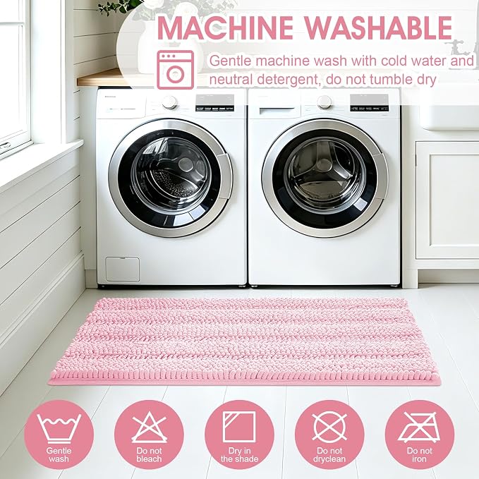 ACCUMTEK Christmas Striped Pink Bathroom Rug Mat Set 2 piece 32"x20"+60"x20" Ultra Soft, Non Slip Chenille Bath Rugs, Absorbent Plush Shaggy Bath Mats for Bathroom, Bedroom, Kitchen, Shower, Tub