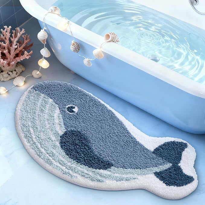 LUMI Cute Animal Bathroom Rugs, Plush Absorbent Bath Mats for Bathroom, Non-Slip Backing Washable Bath Mat, Ideal for Shower Sink Bathtub Room Decor, 20"x35", Deep Whale