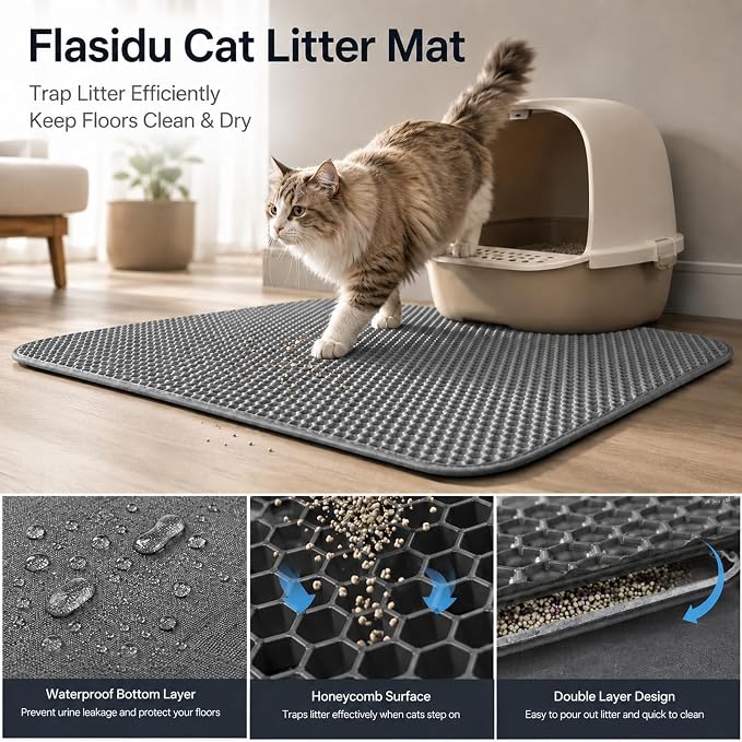 Cat Litter Box Mat,Double-Layer Honeycomb Litter Trap 30"x22" Gray | Catches Scattered Particles to Stop Tracking,Waterproof Design Urineproof Base Protects Floors, Easy to Clean, Indoor Cats