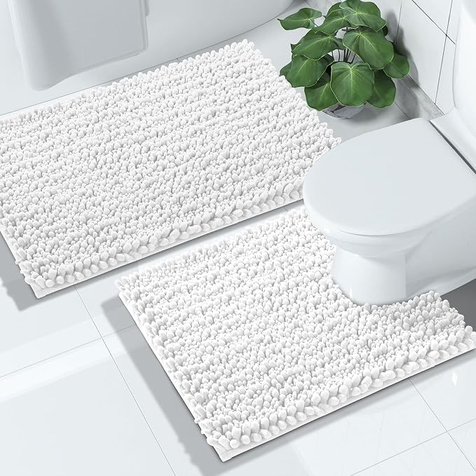 Yimobra Bathroom Rugs Sets 2 Piece - Quick Dry Extra Thick Luxury Chenille Bath Mat, Non Slip Super Absorbent for Tub Shower Sink, Machine Washable Shaggy Floor Mat, 32"x20"+24"x20" Inch, White
