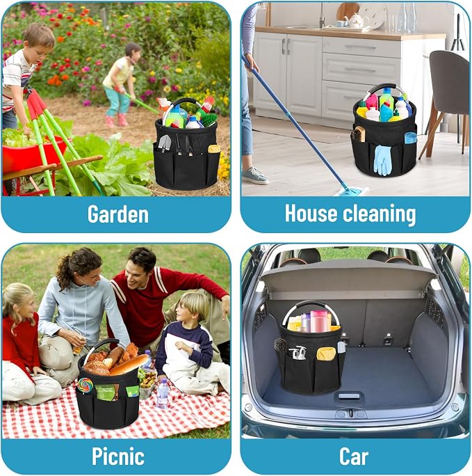 17L Portable Cleaning Bucket Organiser, 6 Pockets Foldable Cleaning Caddy with Handle Wearable Cleaning Caddy Bag for Outdoor Camping Garden Harvest Basket Home Bathroom Storage (Black)
