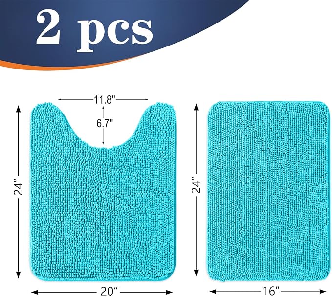 OLANLY Chenille Bathroom Rugs Mats Sets 2 Piece, 24"x16"+24"x20", Aqua Sky | Soft Absorbent Bath Mat and U-Shaped Contour Toilet Rug Set, Quick Dry, Machine Washable Bath Carpet, Home Decor Accessories