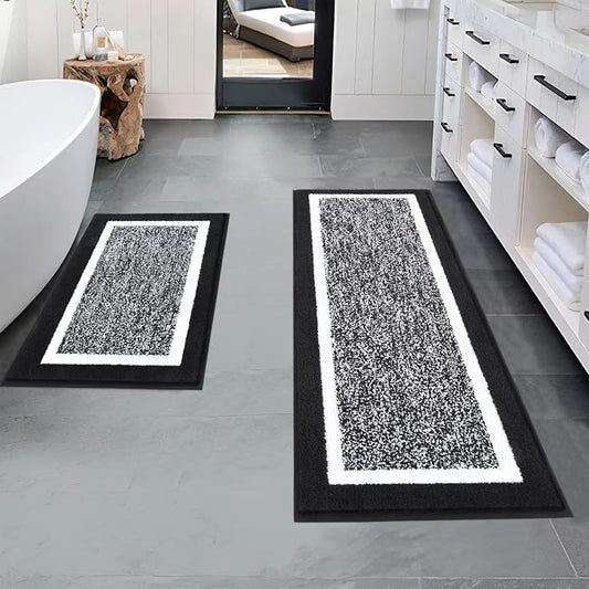 Pauwer Bathroom Rugs Sets 2 Piece, Non Slip Washable Bath Mat, Black | Soft Plush Microfiber, Super Absorbent Floor Carpet, Quick Dry, Shaggy Shower Rug Runner