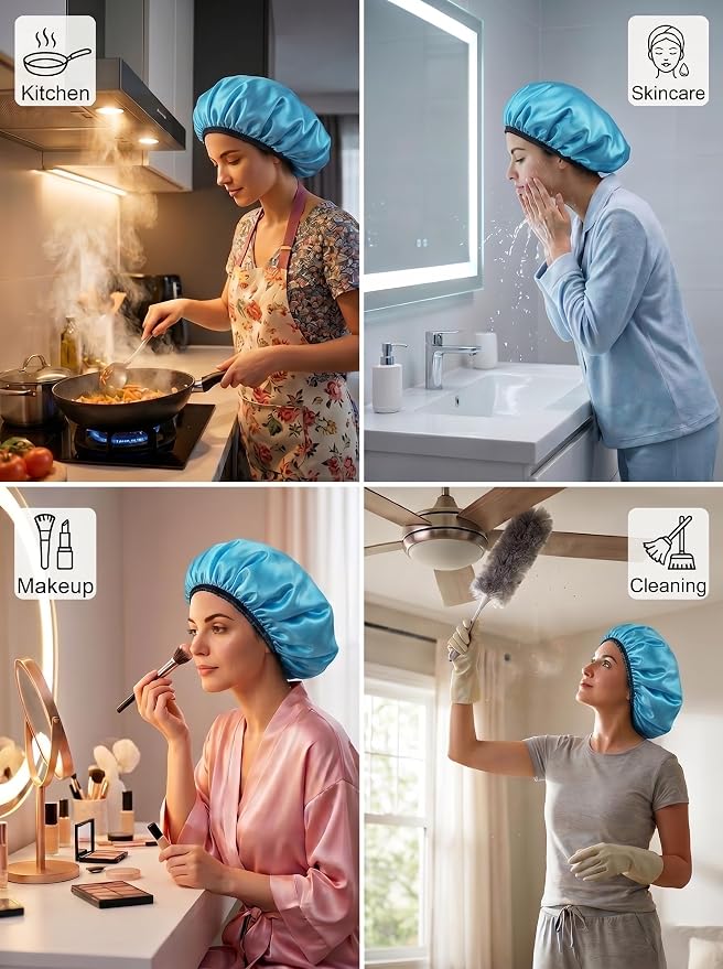 Aquior Shower Cap,Extra Large Triple Layer Bathing Cap with Dry Hair Function for Women Microfiber Terry Cloth Silky Satin 100% Waterproof Reusable Long Hair Bath Caps (Blue)