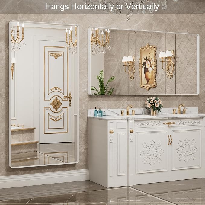 LOAAO 72x32 Inch White Metal Framed Bathroom Mirror for Wall | Rounded Rectangle Mirror, Anti-Rust, Tempered Glass, Hangs Horizontally or Vertically