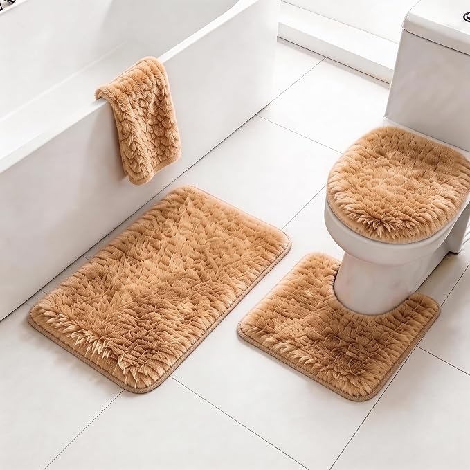 RUN HELIX Shaggy Bathroom Rugs Sets 3Piece Bath Mat for Bathrom Non-Slip Bathrom Mats Water Absorbent Bath Rug Floor Mats Soft Washable Shower Rug with U-Shaped Contour Rug Toilet Lid Cover Brown
