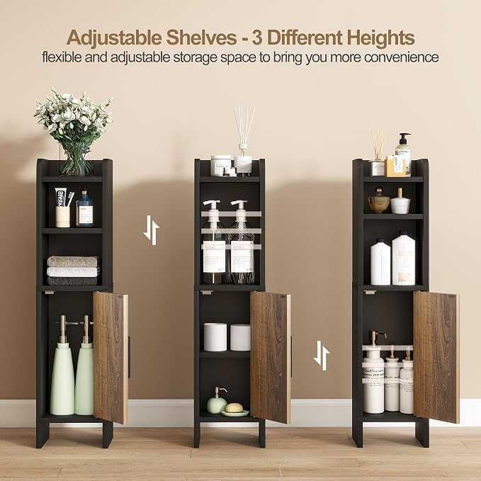 Small Bathroom Storage Corner Floor Cabinet Narrow Toilet Paper Cabinet with Adjustable Shelves Wooden Slim Bathroom Organizers and Storage with Fluted Door for Small Spaces, Black