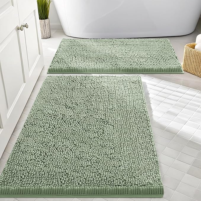 Smiry Chenille Bathroom Rugs Sets 2 Piece (30x20+24x16, Sage Green) | Soft Absorbent Machine Washable Non Slip Shaggy Bath Rug Set for Tub, Shower, and Floor, Home Decor