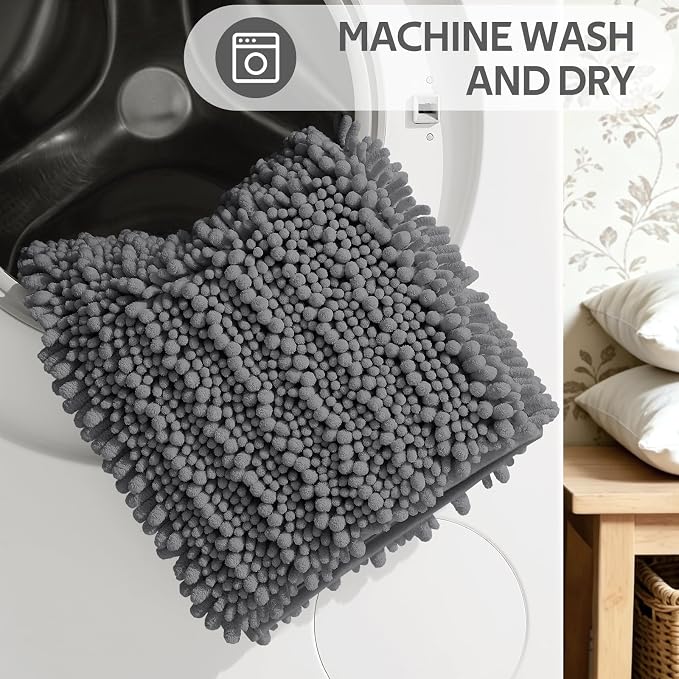 ACCUMTEK Upgrade Luxury 2 Piece Dark Gray Toilet Bathroom Rug Mat 48"x20"+24"x17", Ultra Soft Thick Absorbent Bath Mats, Non Slip Chenille Toilet Mat for Bathroom, Bedroom, Kitchen, Shower, Tub