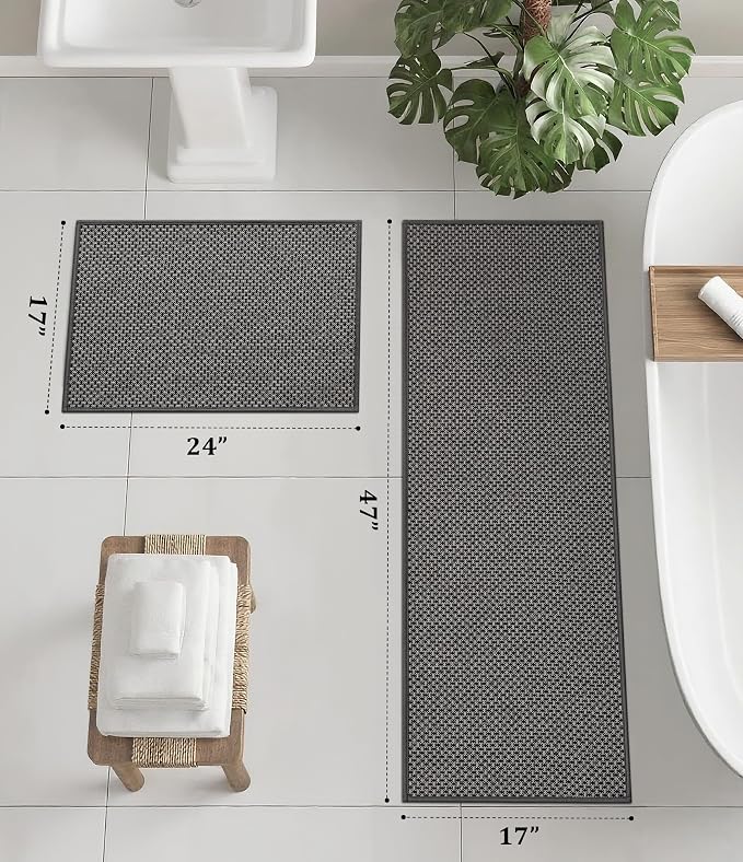 YIHOUSE Thin Bath Mat Dark Grey Bathroom Rugs Sets 2 Pieces, Non Slip Absorbent Mats Quick Dry, Woven Rugs Washable, Tapetes para Baño for Bathroom Toliet,Bathtub(17"x24"+17"x47")