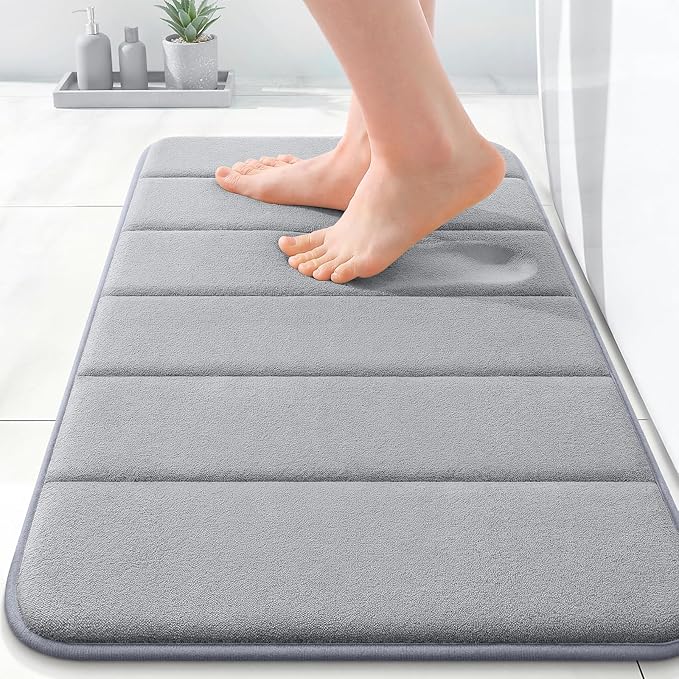 OLANLY Memory Foam Bath Mat 35x16, Super Soft and Absorbent Bathroom Rugs | Grey, Quick Dry Bath Rug, Machine Washable Shower Floor Mats, Bathmat Carpet for Bathroom Floor, Tub and Shower