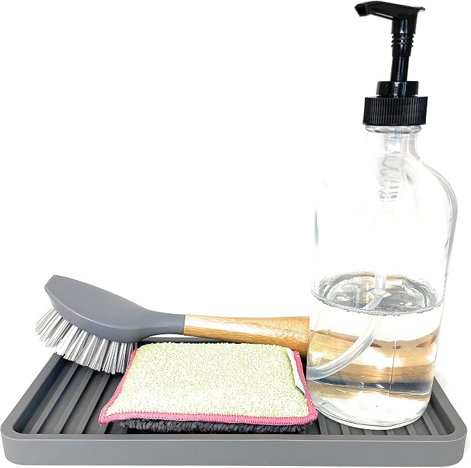 Silicone Sink and Surface Organizer Tray, Sponge Holder, Vanity Tray, Trivet, Heat Safe, Dishwasher Safe, for Bathroom and Kitchen Organization (Grey, 10"x5.25")