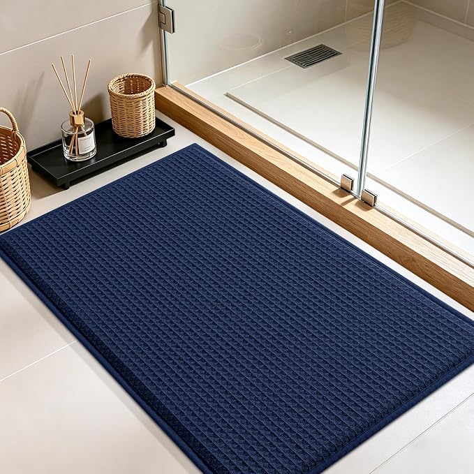 Memory Foam Bath Mat, Ultra Soft Absorbent Waffle Bathroom Rugs, Super Non-Slip PVC Backing Bath Rug Quick Dry, Machine Washable Rug for Tub, Shower, Home Decor Accessory, 24" x 17", Navy Blue