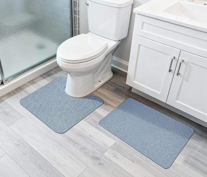 Bosap Bath Mat Set 2 Pieces,Ultra Thin Bathroom Rugs,Rubber Toilet Rugs | Non Slip,Quick Dry,Machine Washable,Low Pile,Absorbent,Shower,Sink,Bathroom Decor.(Blue,17"x27" Plus 20"x24"U Shaped)