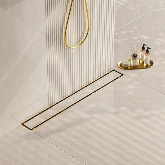 Neodrain 32-Inch Gold Linear Shower Drain, 2-in-1 Flat & Tile Insert Cover, Stainless Steel Linear Drain, Brushed Brass Rectangle Shower Floor Drain with Hair Strainer, CUPC Certified