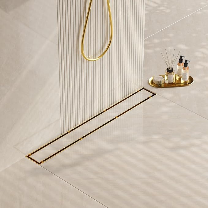 Neodrain 36-Inch Gold Linear Shower Drain, 2-in-1 Flat & Tile Insert Cover, Stainless Steel Linear Drain, Brushed Brass Rectangle Shower Floor Drain with Hair Strainer,CUPC Certified