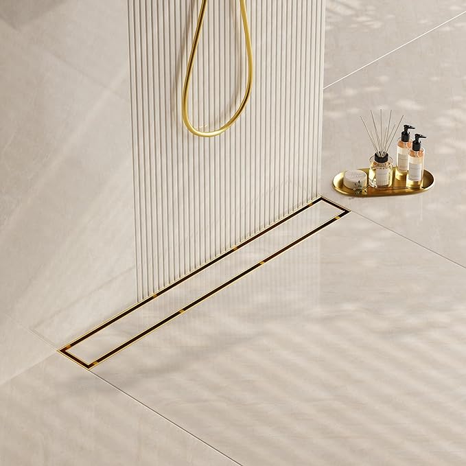 Neodrain 30-Inch Gold Linear Shower Drain, 2-in-1 Flat & Tile Insert Cover, Stainless Steel Linear Drain, Brushed Brass Rectangle Shower Floor Drain with Hair Strainer, Watermark&CUPC Certified