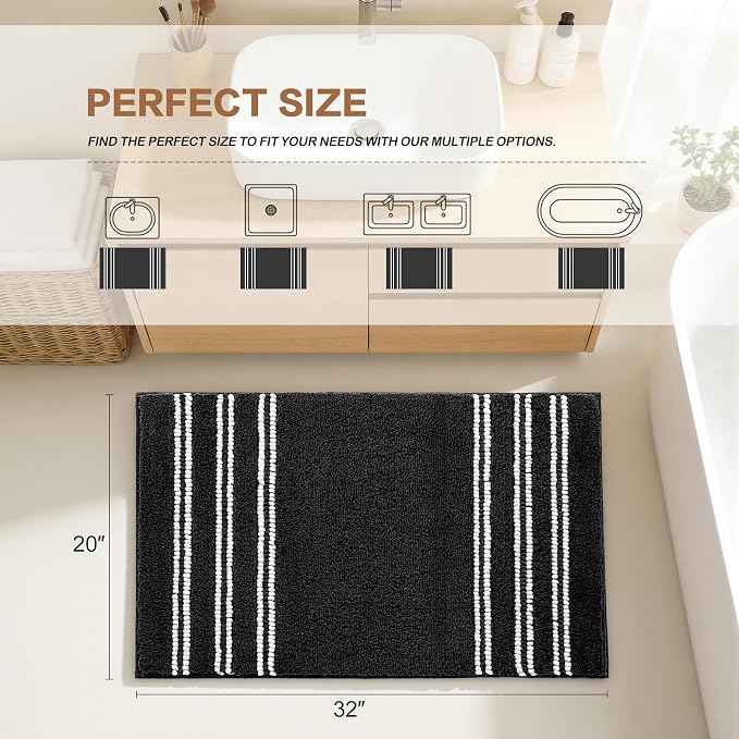 Kmson Bathroom Rugs Mat, 20"x32" Ultra Soft Washable Shaggy Chenille Bath Rugs, Non-Slip Fluffy Thick Water Absorbent Microfiber Mat for Bathtub, Sink and Shower, Black